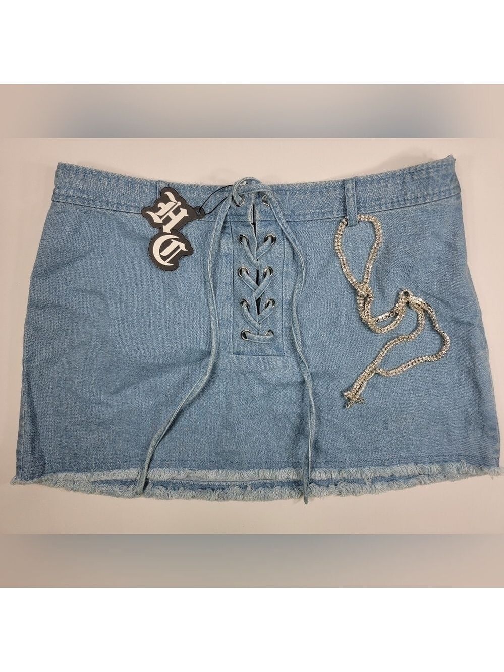 NWT HIDDEN CULT Denim Blue Jean Skirt Tie Front Light Wash NEW Women's Large